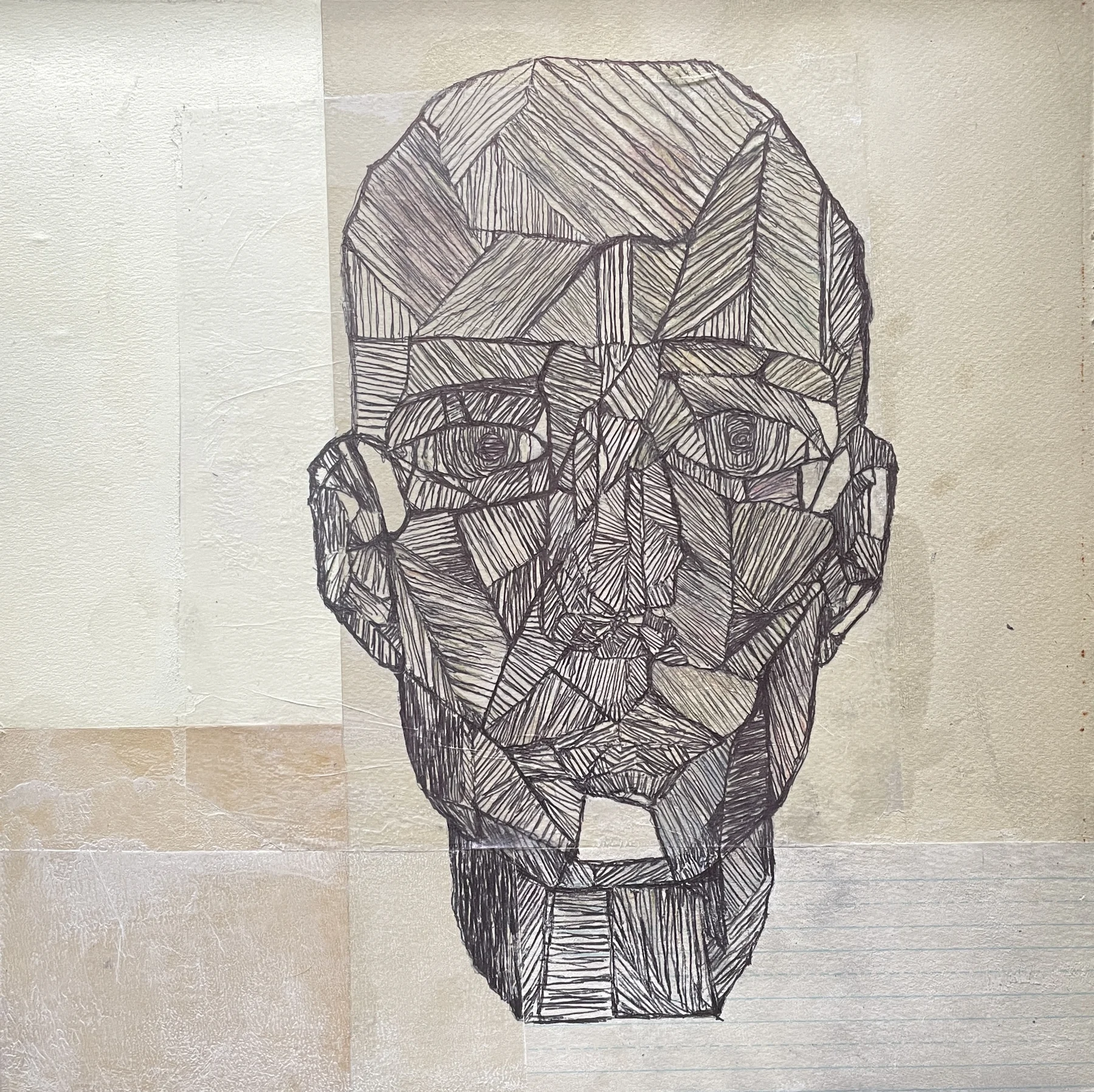 Guy — ink, watercolour and cold wax on paper, collage on panel, 2024