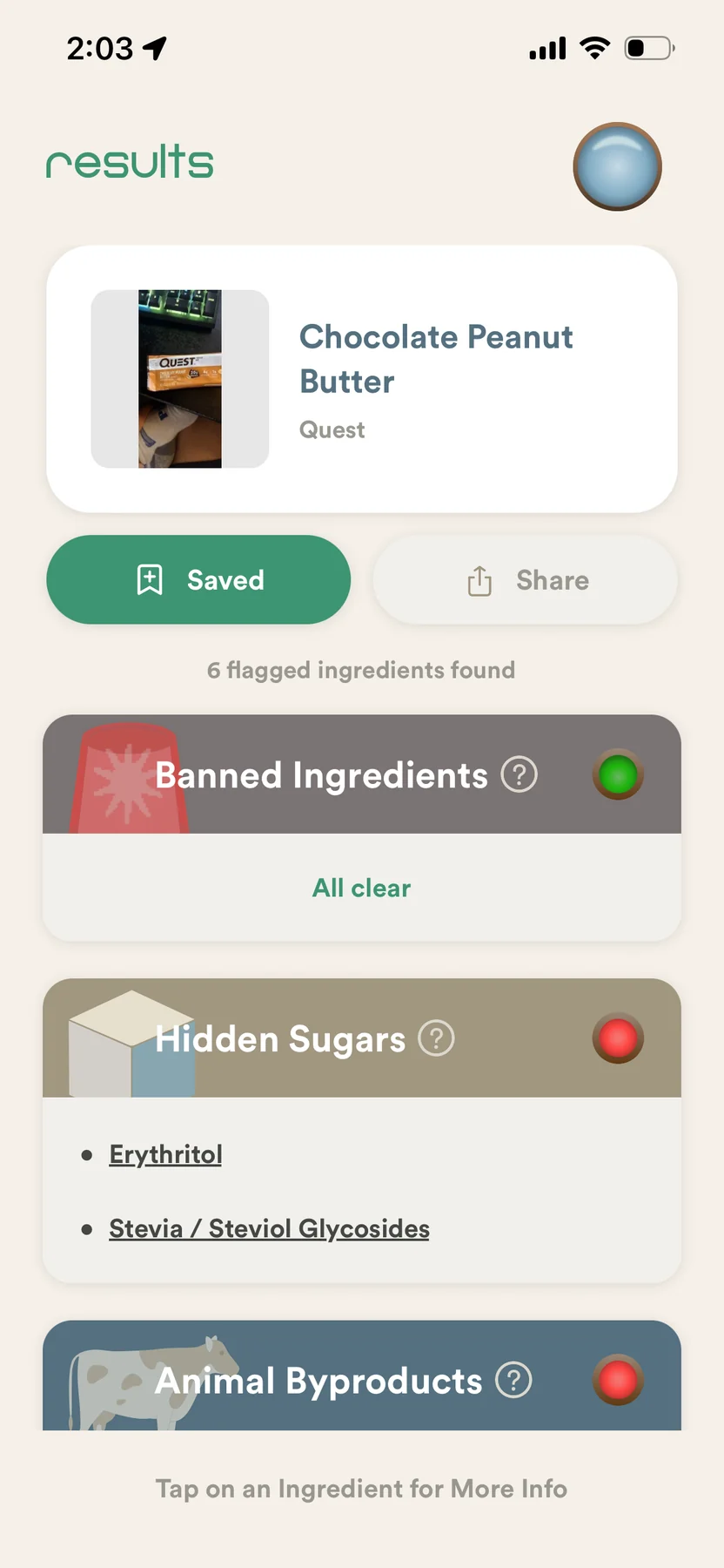 Ingredient Inspector results screen for a Quest Chocolate Peanut Butter bar: six flagged ingredients, Banned Ingredients all clear, Hidden Sugars listing erythritol and stevia.