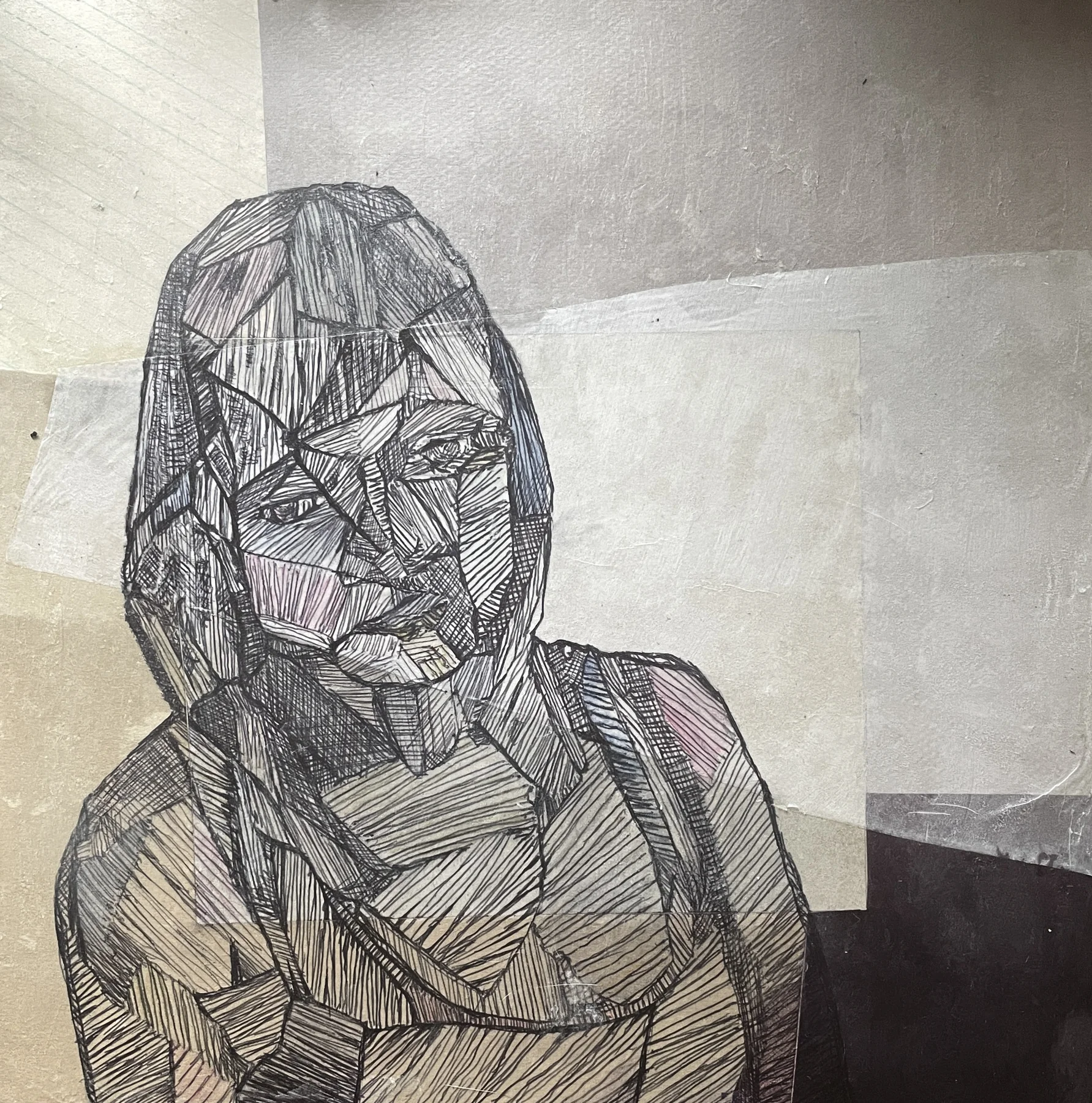 Girl — ink, watercolour and cold wax on paper, collage on panel, 2024